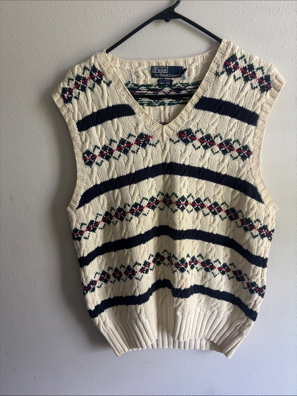 Polo by Ralph Lauren Cream Cable Knit V-Neck Sweater Vest with Navy Stripes